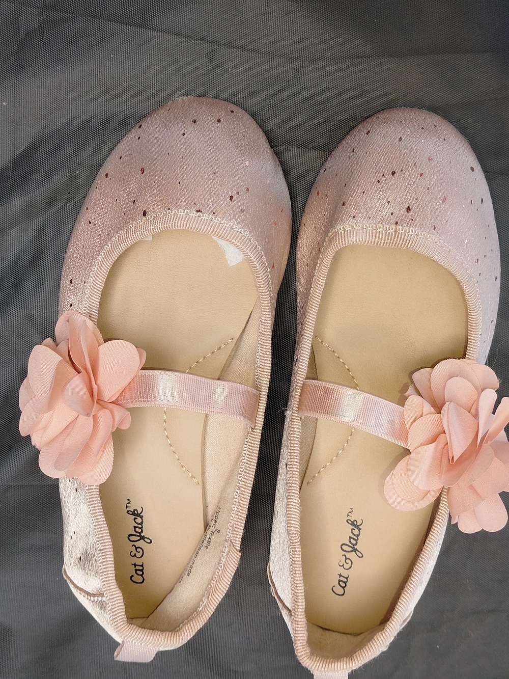 Cat & Jack Glittery Pink Ballet Flats & Flower, Sz 9, Worn 1x